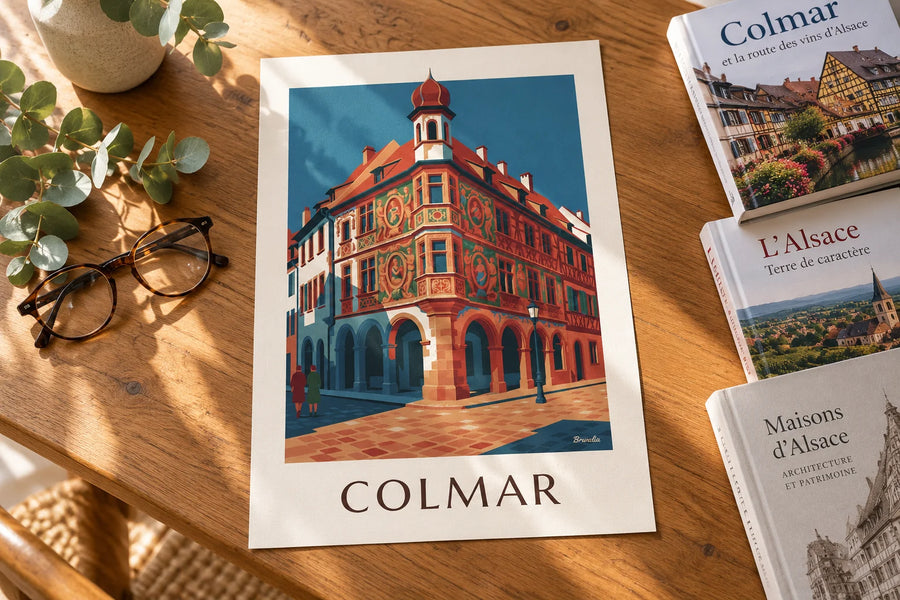 Póster Casa Pfister y su galería de madera tallada en Colmar: apoyado sobre una mesa