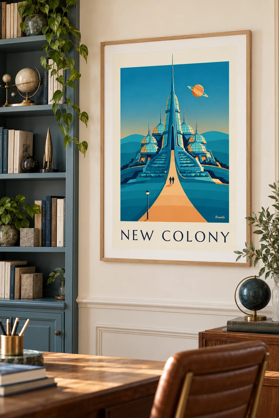 Póster de colonia bajo cúpulas de cristal en un planeta: enmarcado en la pared