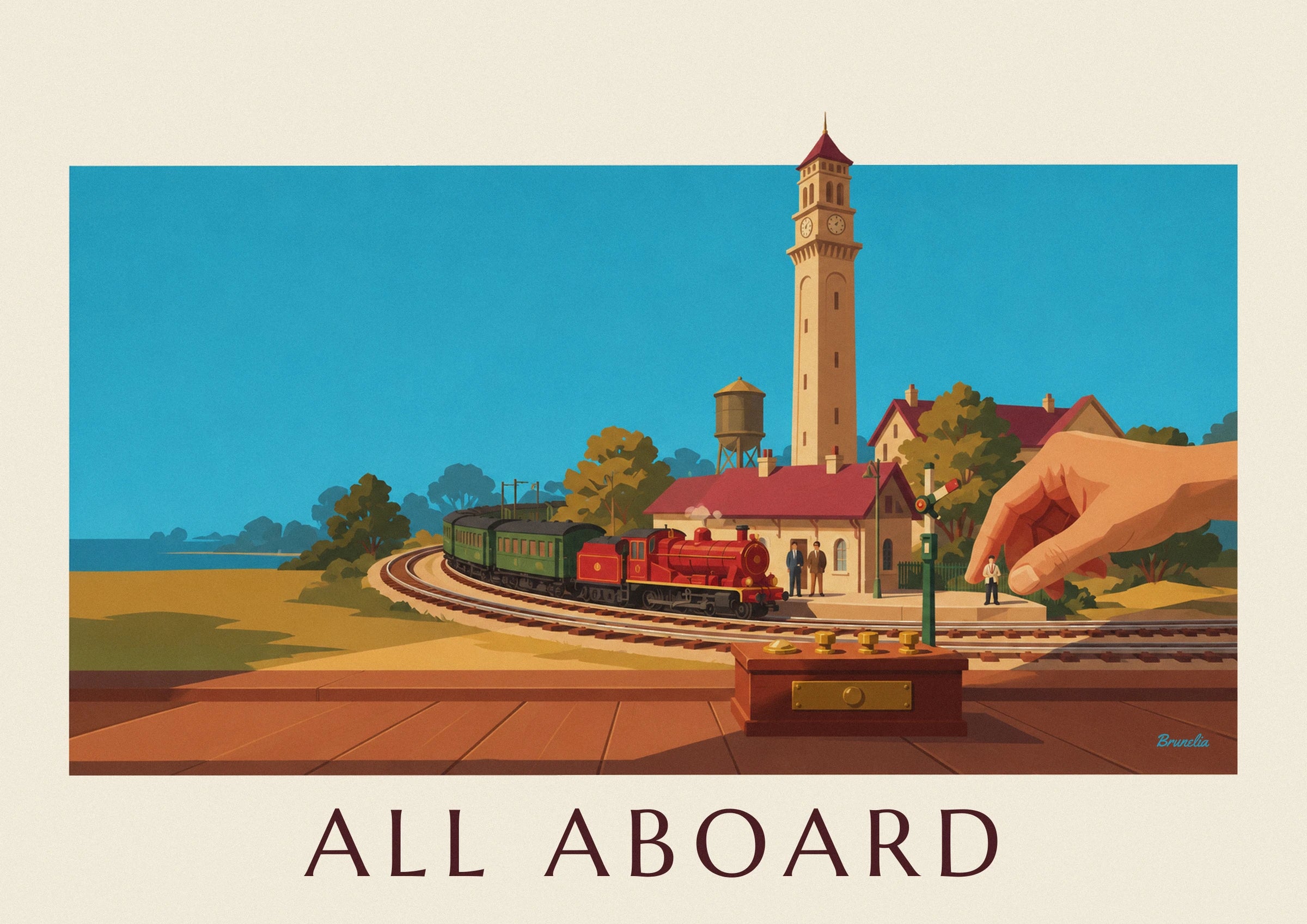 Póster tren eléctrico en miniatura y su estación de modelismo: detalle en primer plano