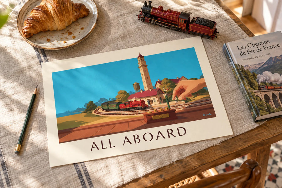 Póster de tren eléctrico en miniatura y su estación de modelismo: colocado sobre una mesa
