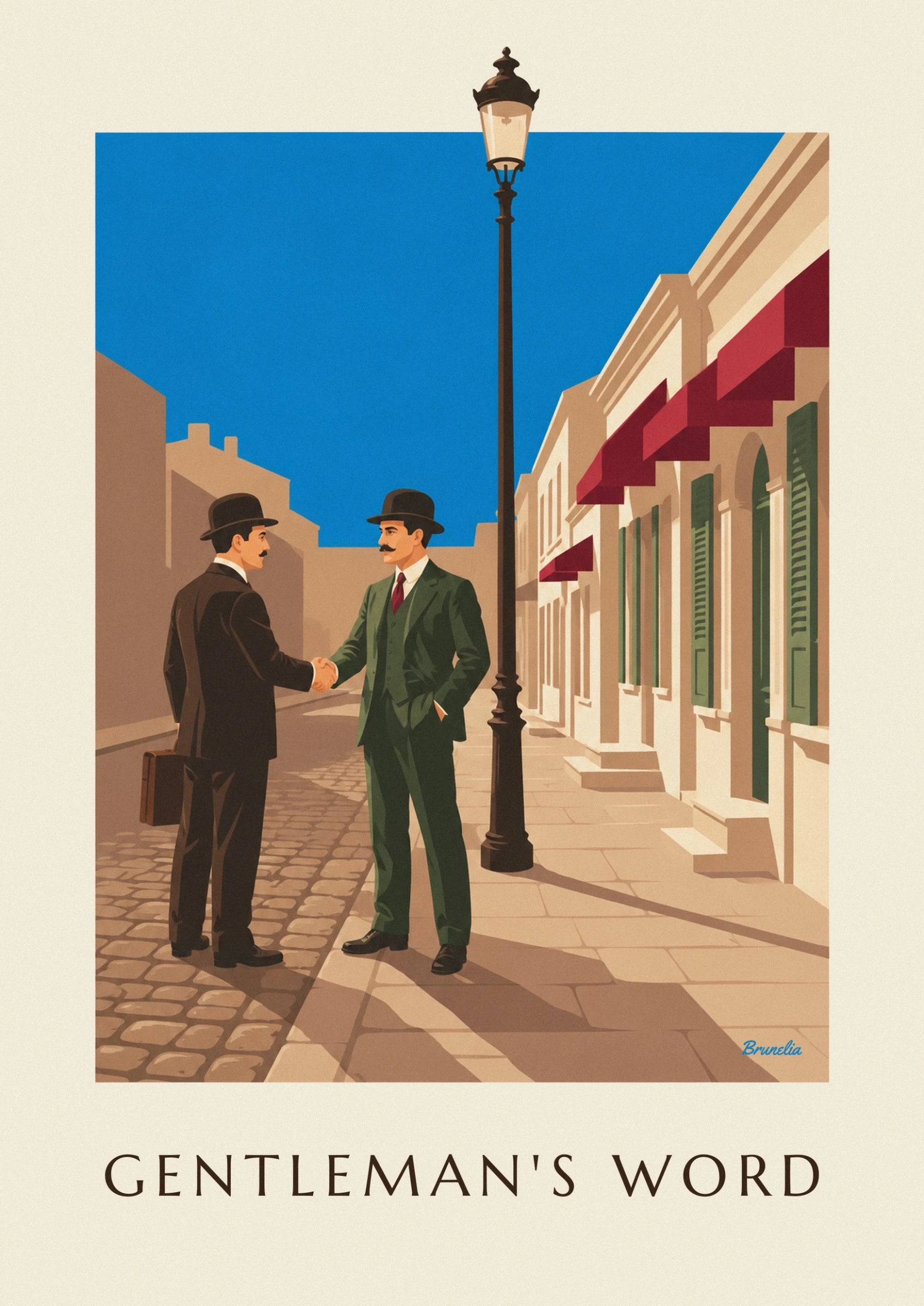 The two gentlemen in bowler hats and brown and green suits, shaking hands