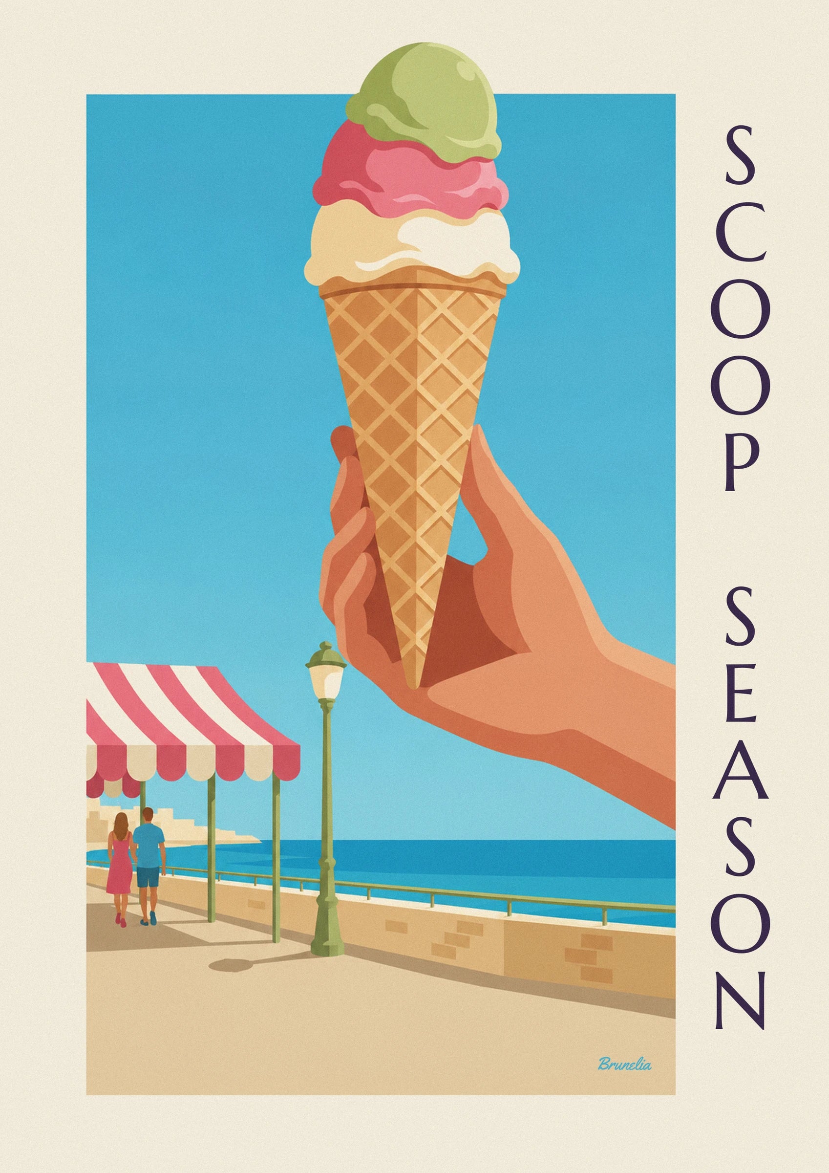 3-scoop ice cream cone by the sea poster: close-up detail
