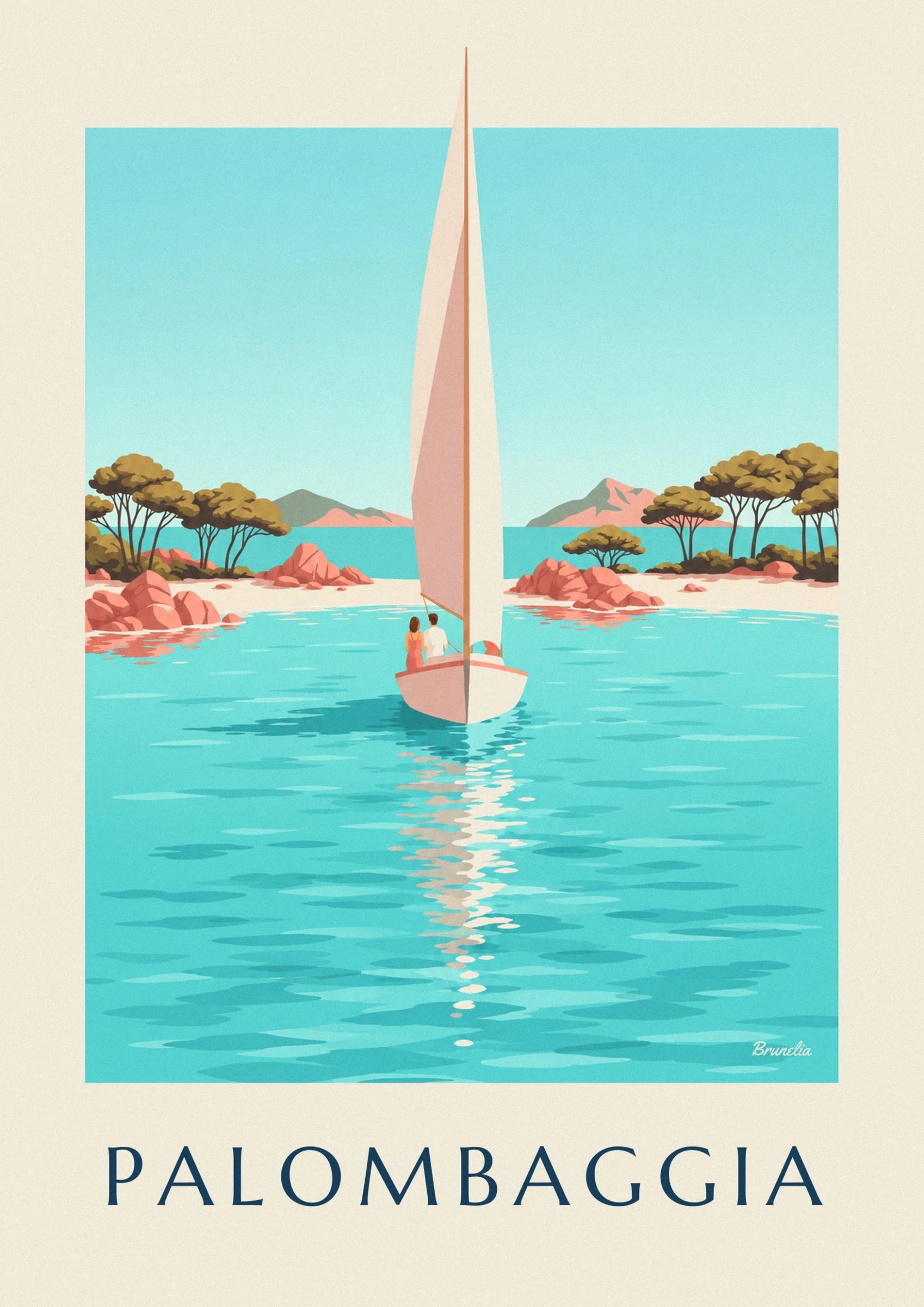 A couple aboard a sailing boat with cream and pink sails on the turquoise water