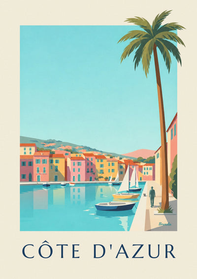 Póster de un pequeño puerto de la Costa Azul, casas y veleros: el póster completo