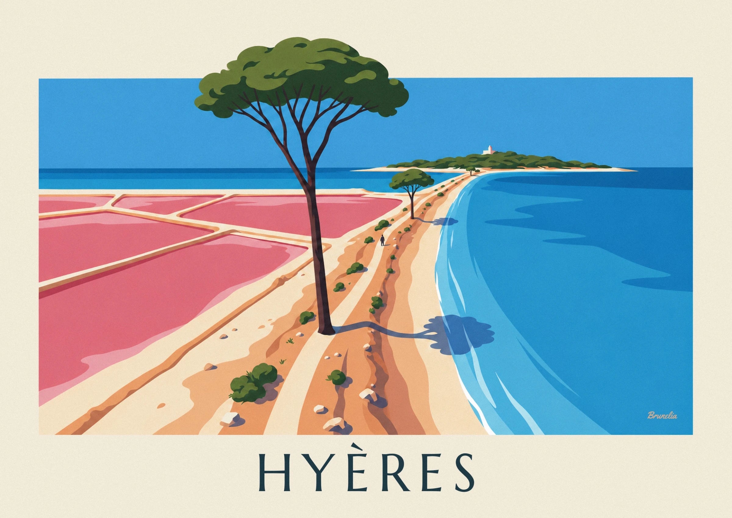Un grand pin au tronc élancé entre les bassins roses des salins et la mer bleue
