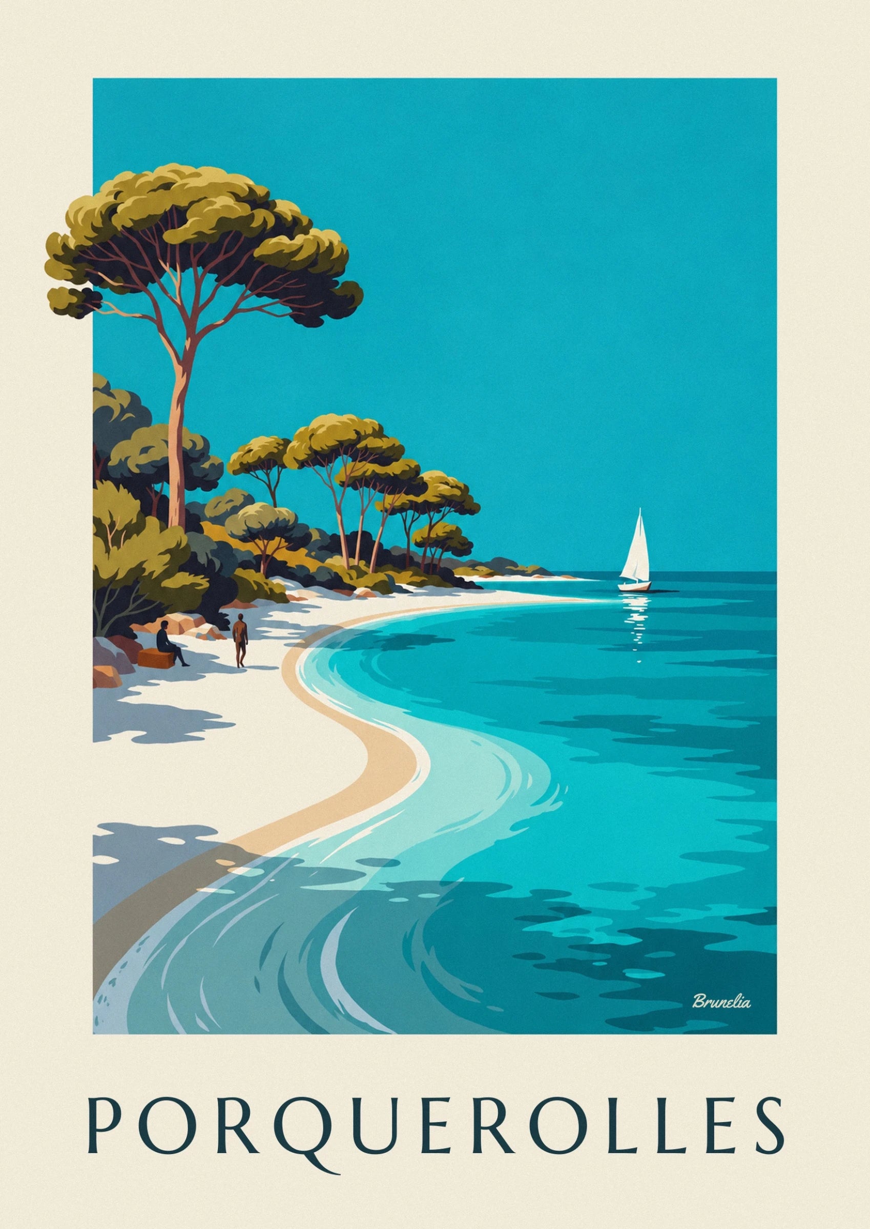 Les pins aux troncs élancés et aux cimes vert olive sur le ciel turquoise