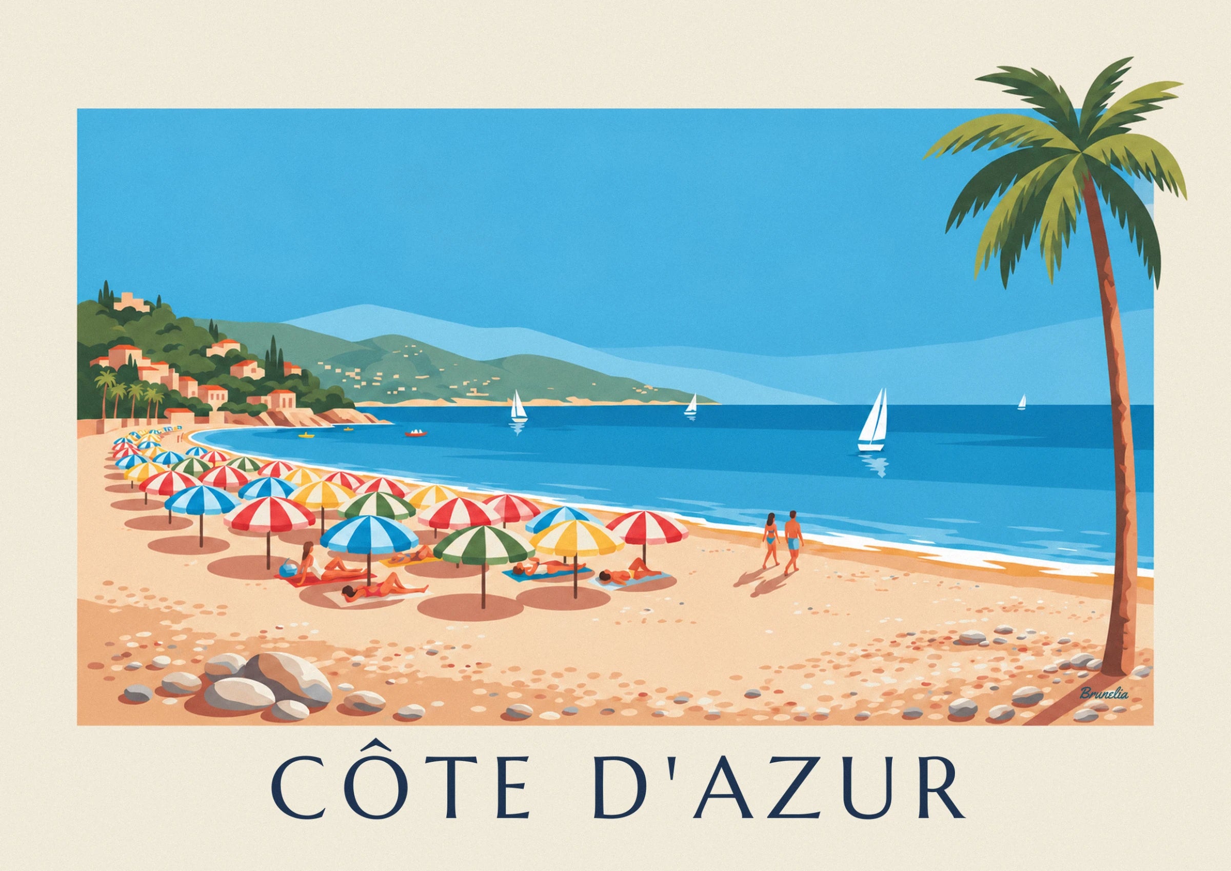 Red, green, blue and yellow striped parasols, with sunbathers lying on the sand