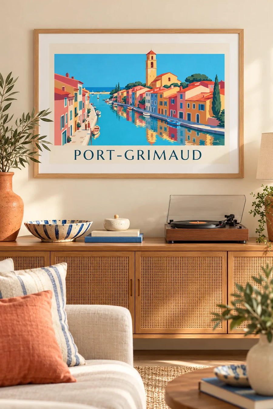 Póster de canales y casas de colores de Port-Grimaud: enmarcado en la pared