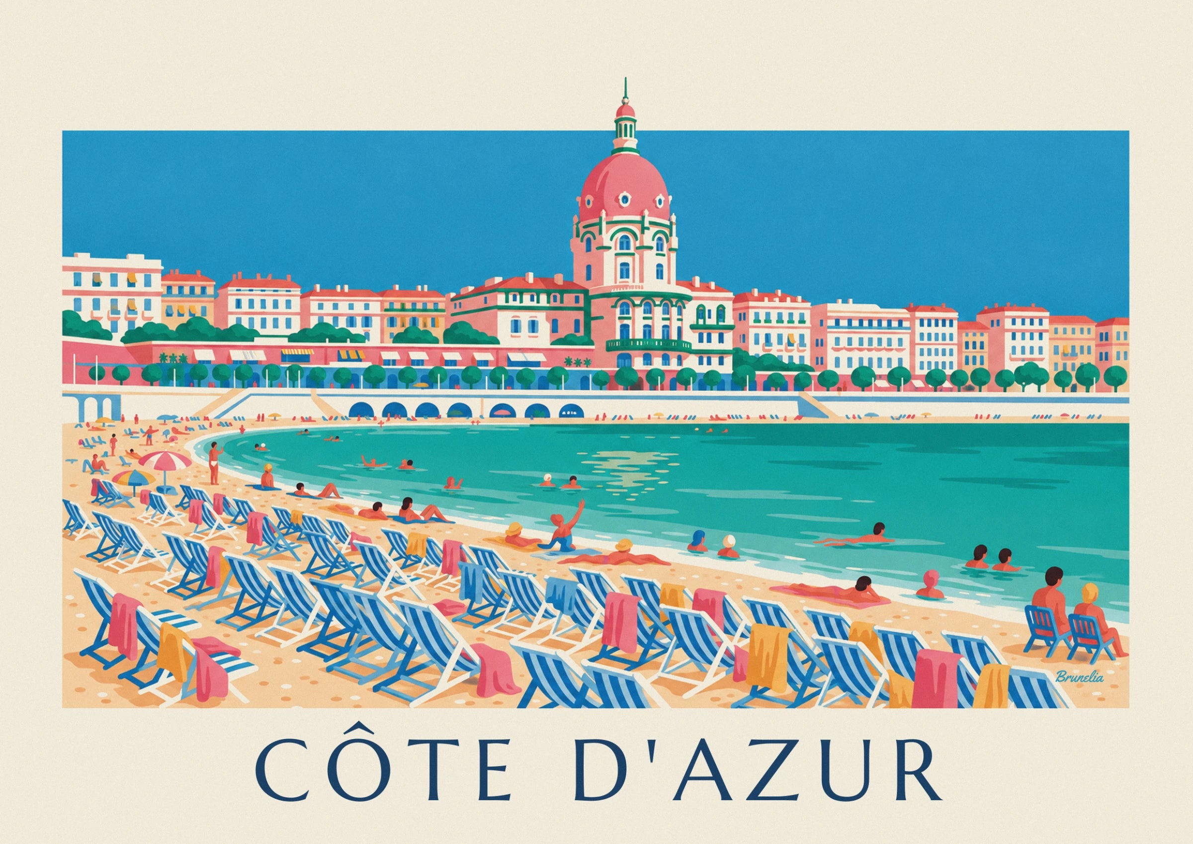 Le grand hôtel rose à coupole, ses balcons verts et sa rangée d'arbres, face à la mer