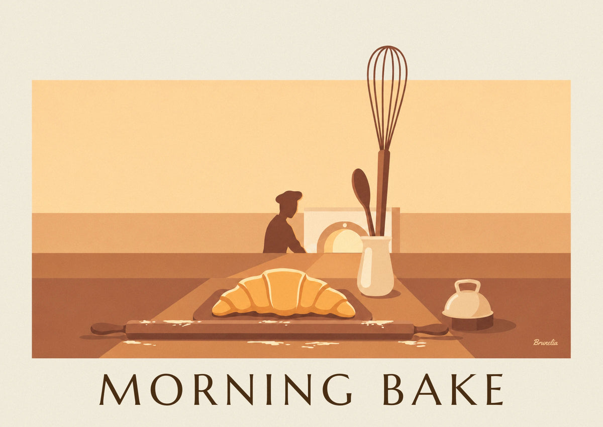 Affiche croissant et ustensiles de pâtisserie devant le four