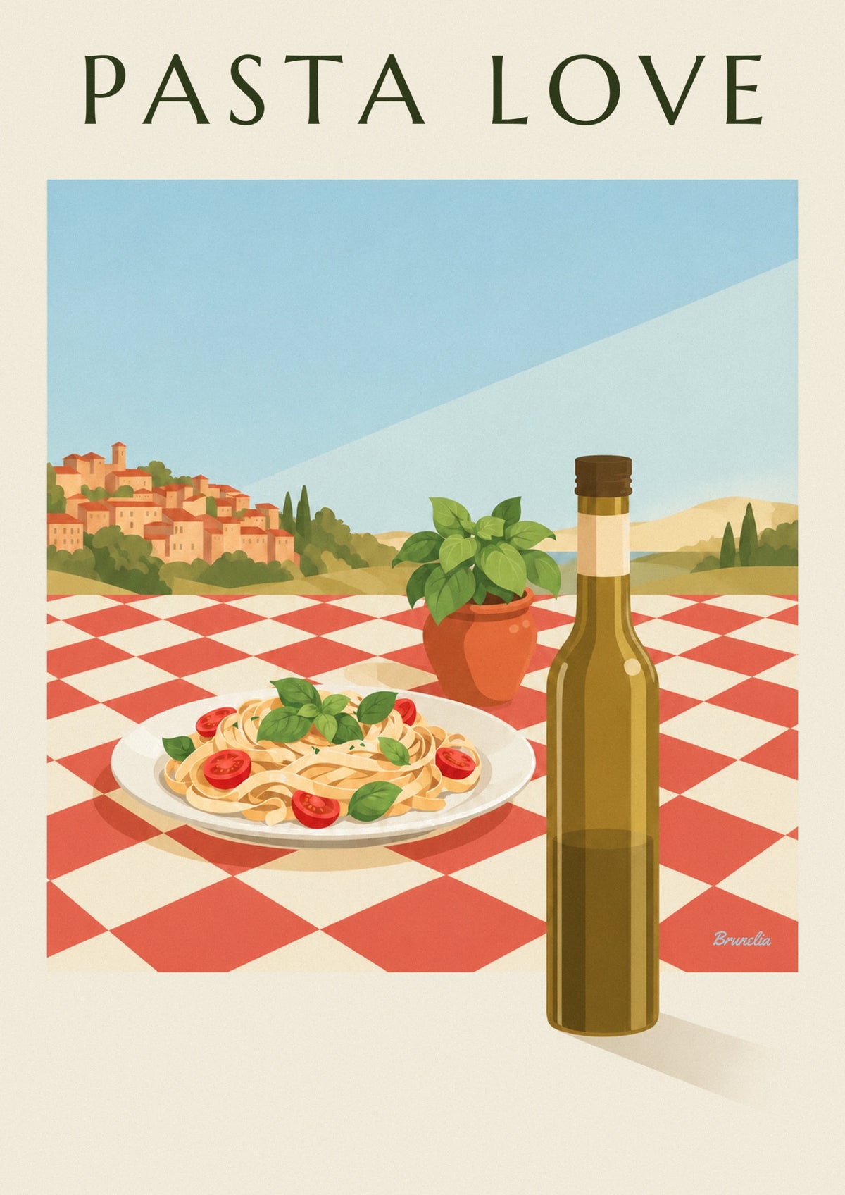 Fresh pasta with basil and tomatoes poster