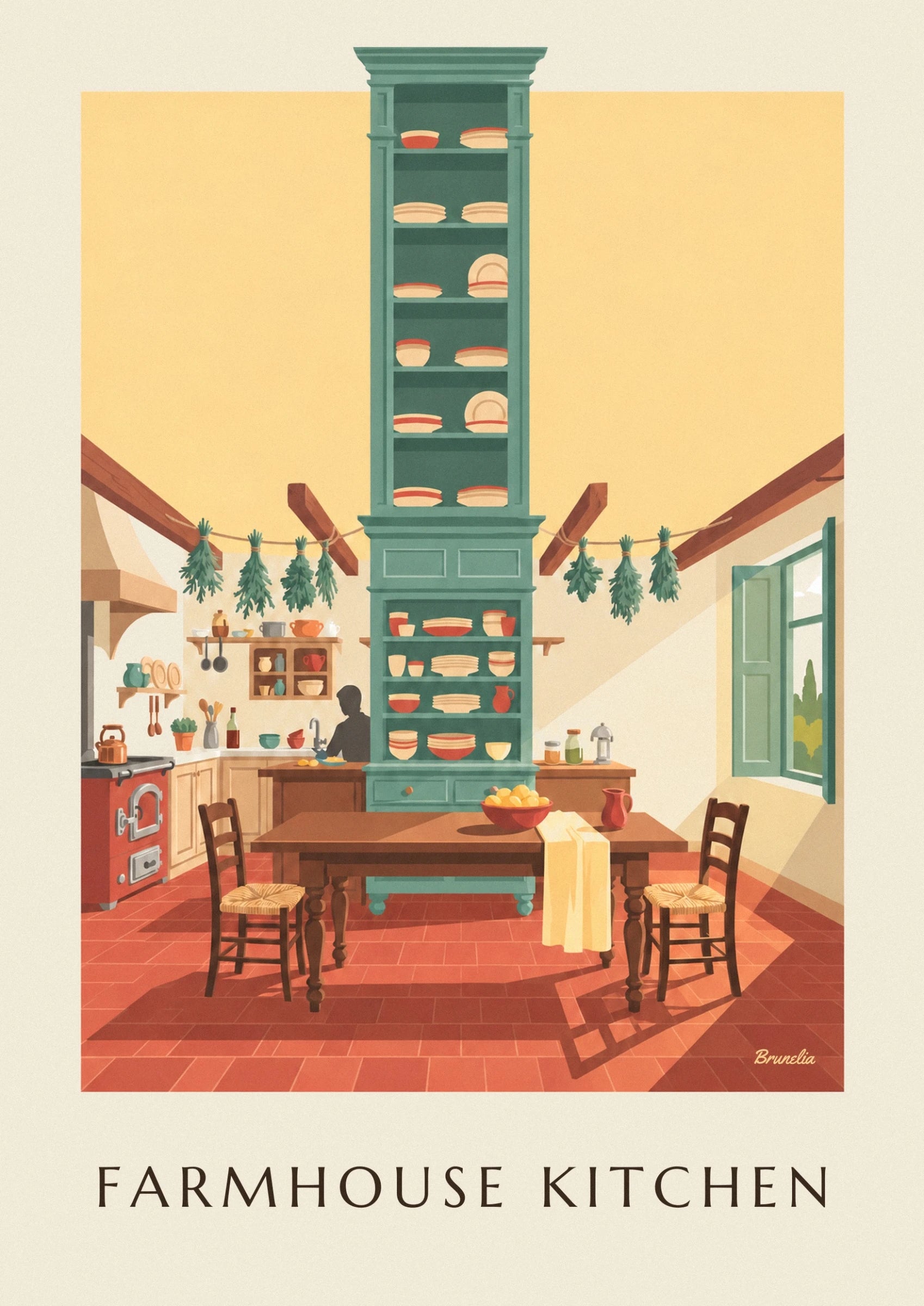 The large farmhouse table with its yellow tablecloth and fruit bowl in front of the green dresser