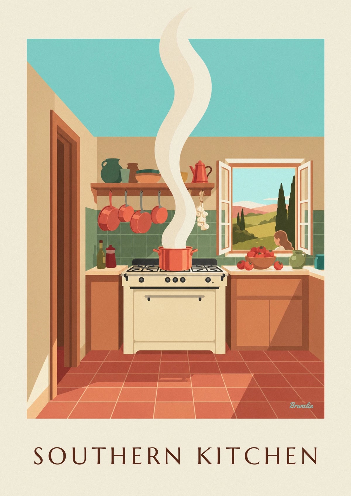 Affiche cuisine du Sud, ratatouille et casseroles en cuivre