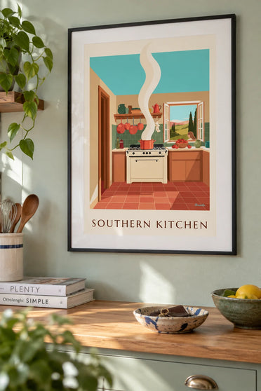 Southern French kitchen poster with ratatouille and copper pots: framed on the wall
