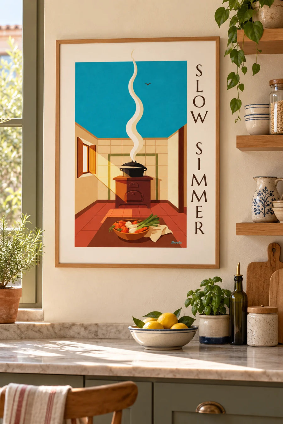 Póster de pot-au-feu humeante en su olla de hierro fundido: enmarcado en la pared