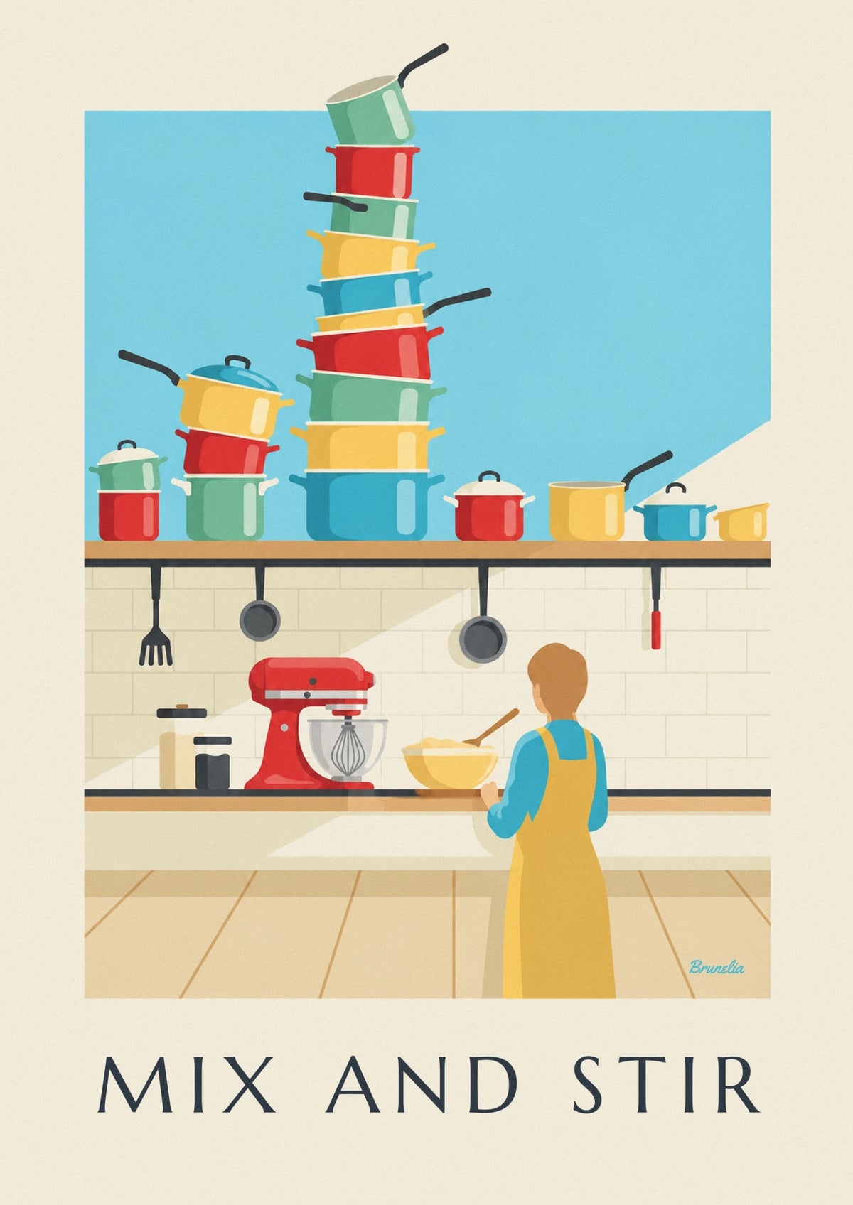 Colorful saucepans and stand mixer poster