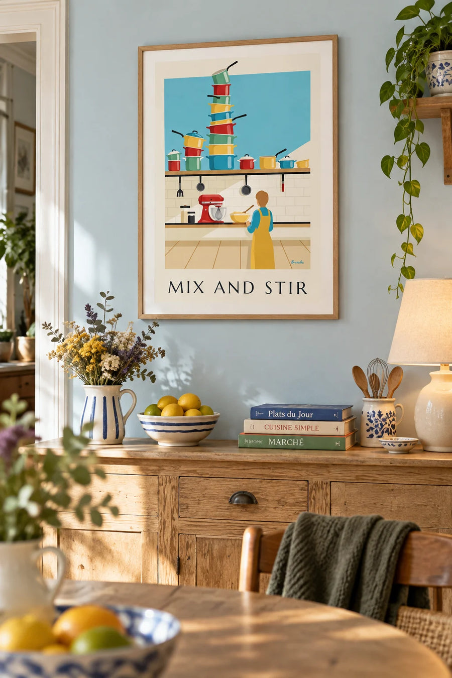 Colorful saucepans and stand mixer poster: framed on a wall