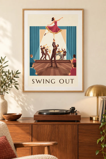 Póster de pareja de bailarines de swing en un salón de baile: enmarcado en la pared