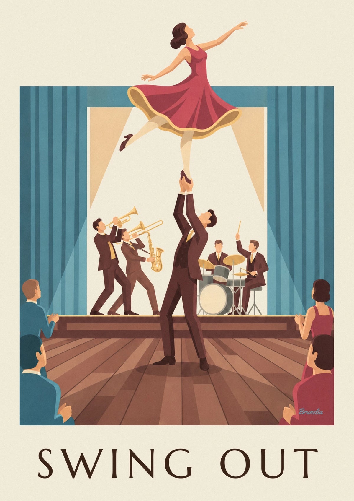 Swing dancing couple in a ballroom poster