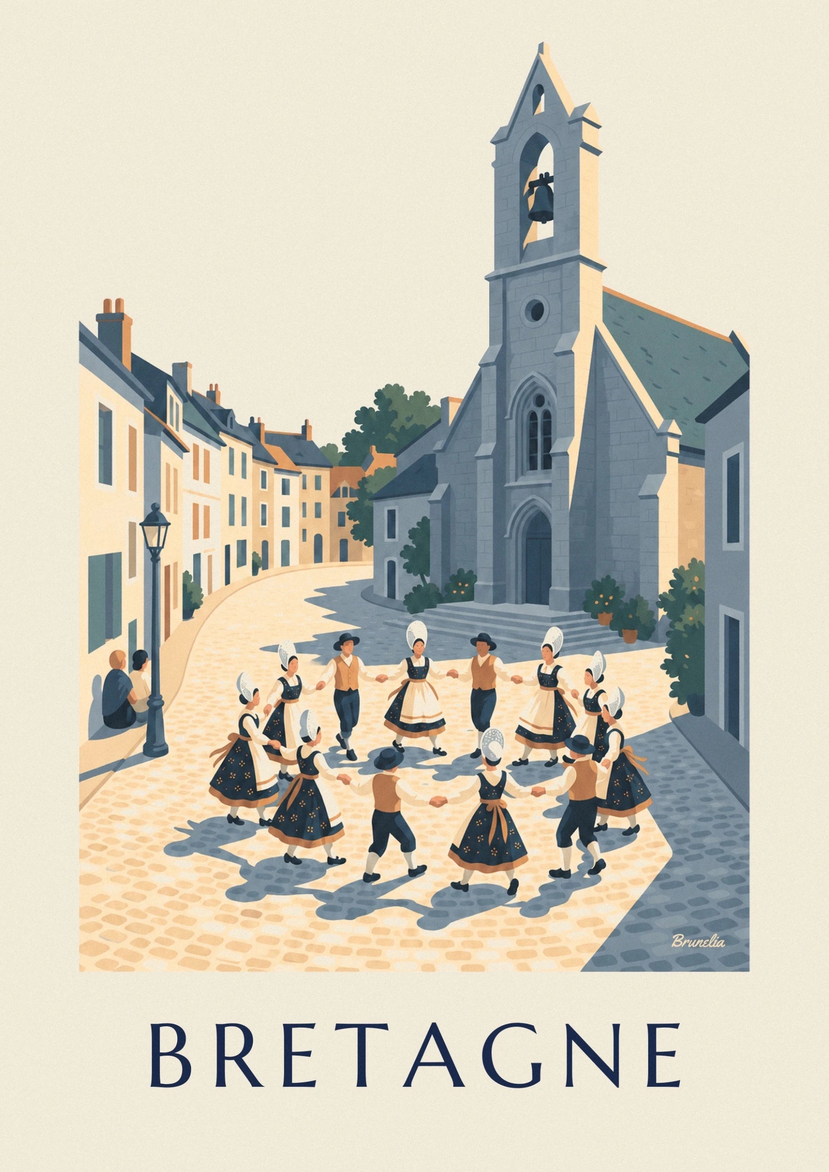 La ronde des danseurs en costumes bretons, coiffes blanches et gilets ocre