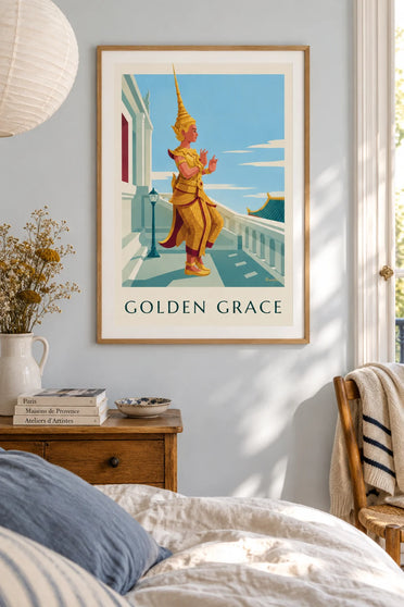 Thai dancer poster in a gold-embroidered costume: framed on the wall