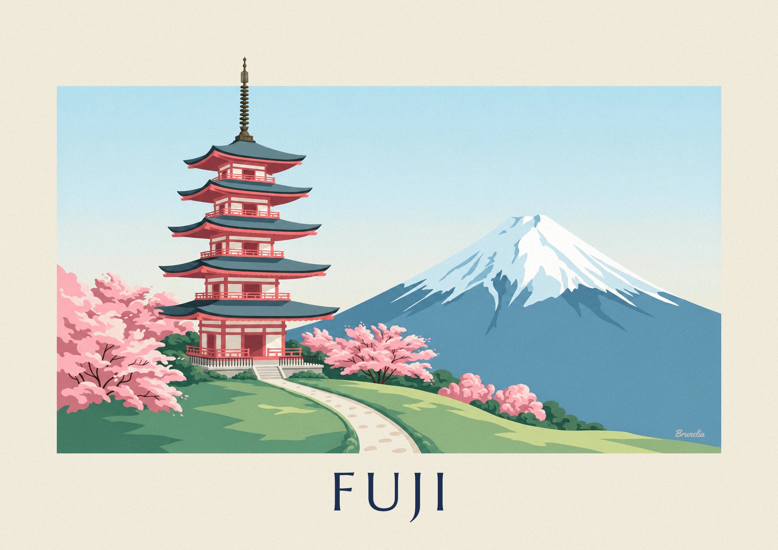Chureito pagoda, Mount Fuji and cherry blossoms poster: close-up detail