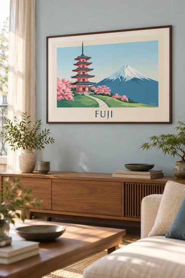 Póster pagoda Chureito frente al monte Fuji y cerezos : enmarcado en la pared