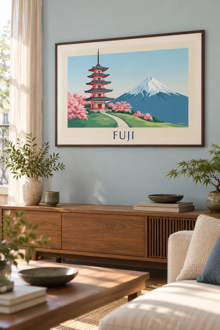 Affiche pagode Chureito face au mont Fuji et cerisiers : encadrée au mur