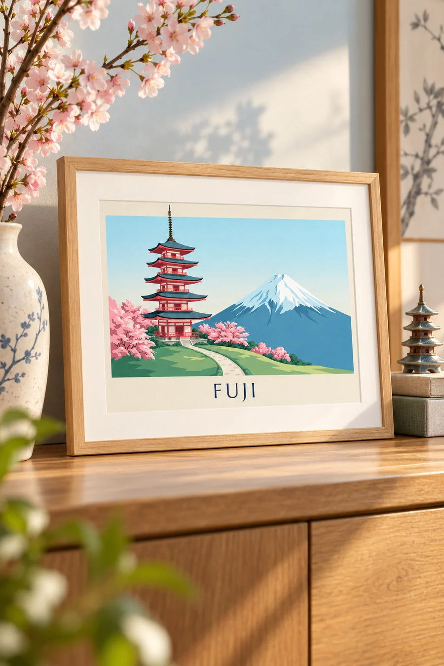 Affiche pagode Chureito face au mont Fuji et cerisiers : petit format A4 encadré