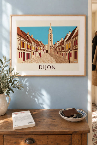 Poster of medieval half-timbered houses in Dijon: framed on the wall