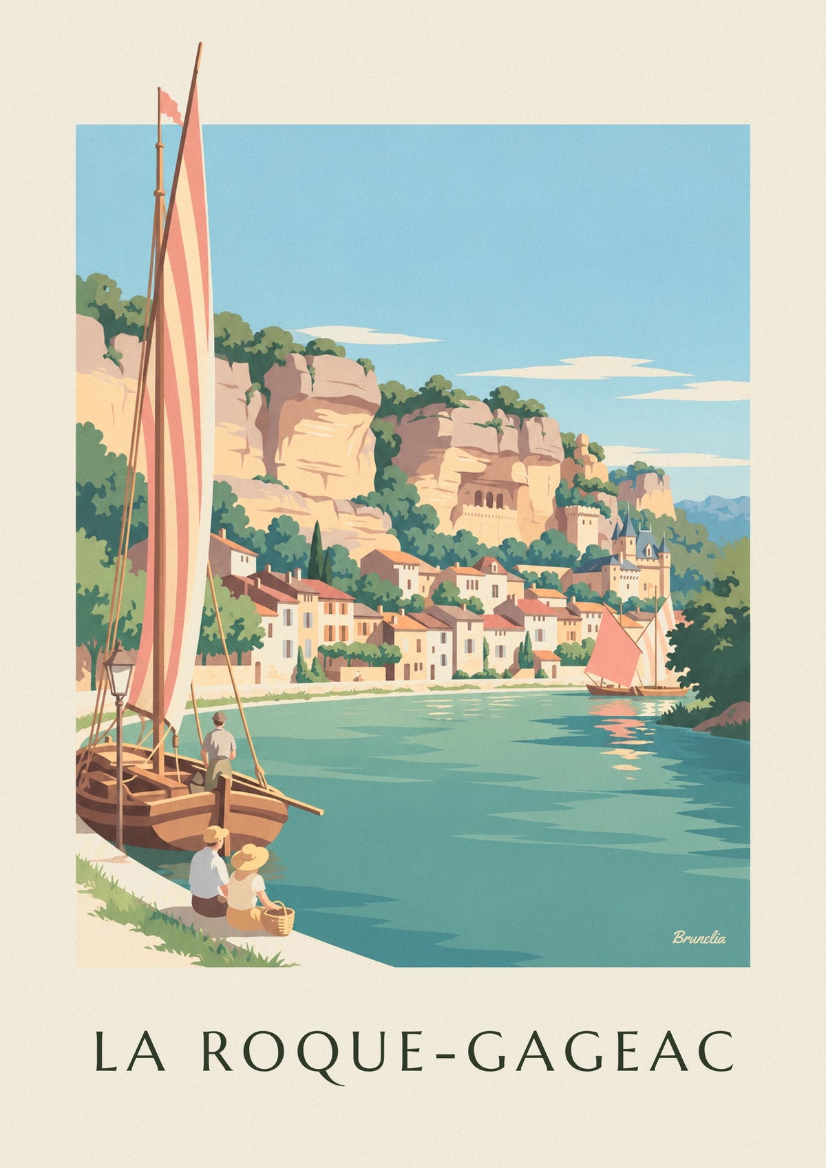 Affiche village de La Roque-Gageac au bord de la Dordogne