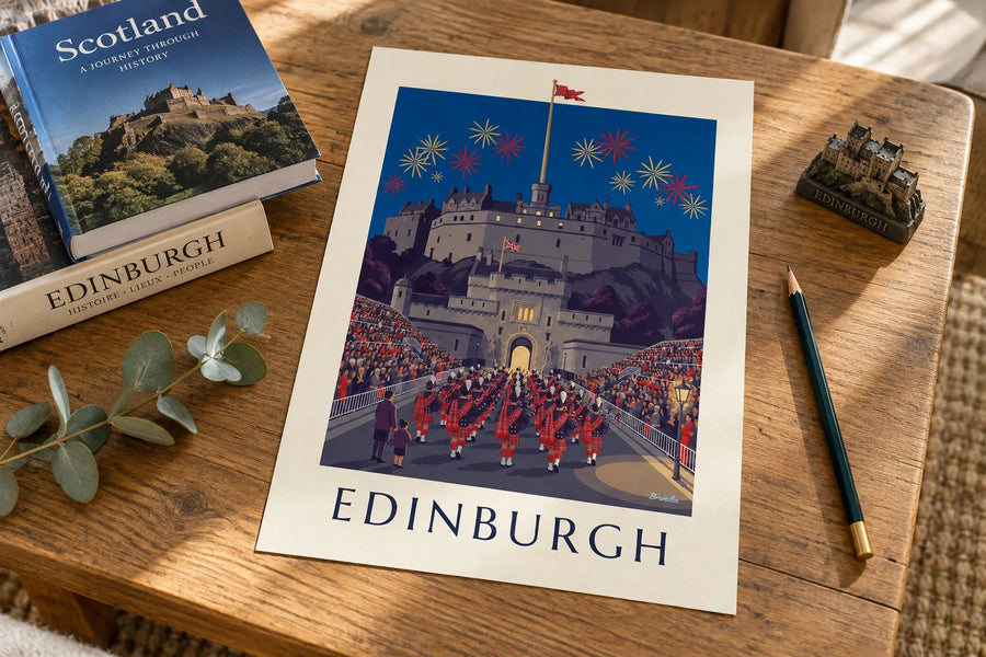 Póster del castillo de Edimburgo y el Military Tattoo de noche: sobre una mesa