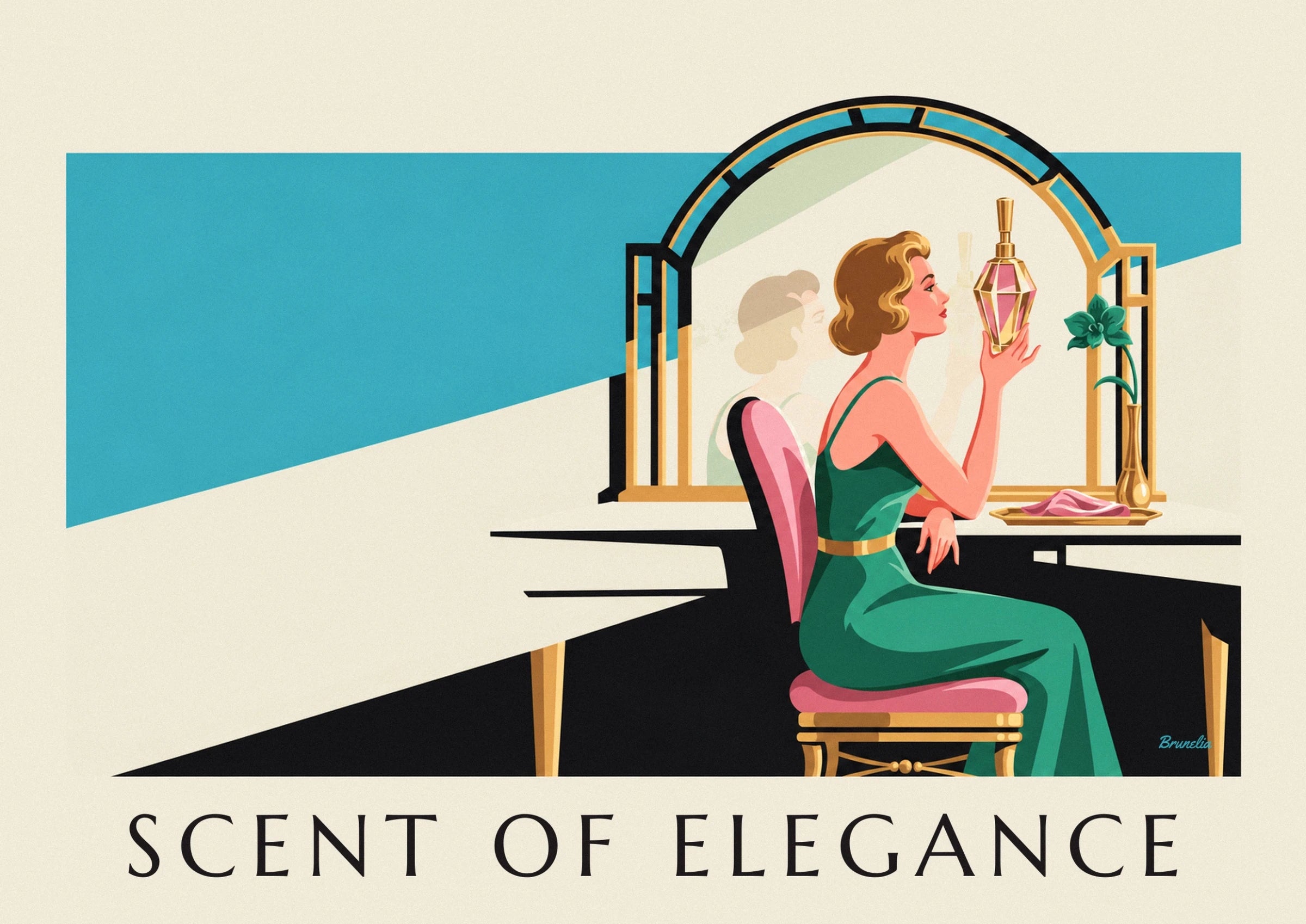 Elegant woman with perfume bottle at vanity poster: close-up detail