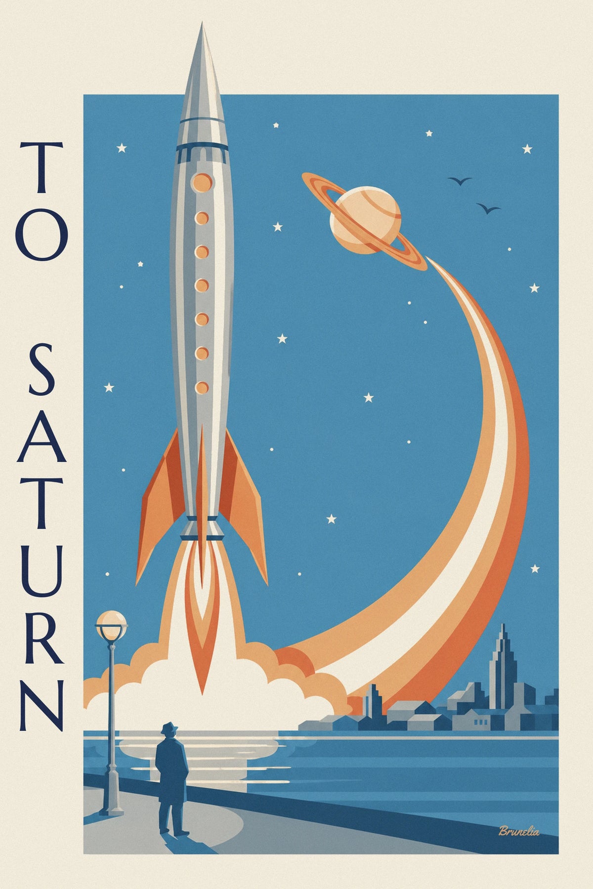 Silver rocket launching from the seaside to Saturn poster