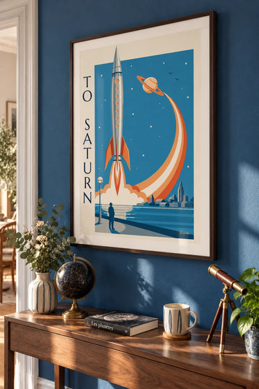 Affiche fusée argentée qui décolle vers Saturne depuis le bord de mer : encadrée au mur