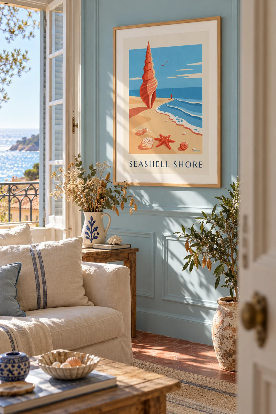 Starfish and seashells on sand poster: framed on the wall