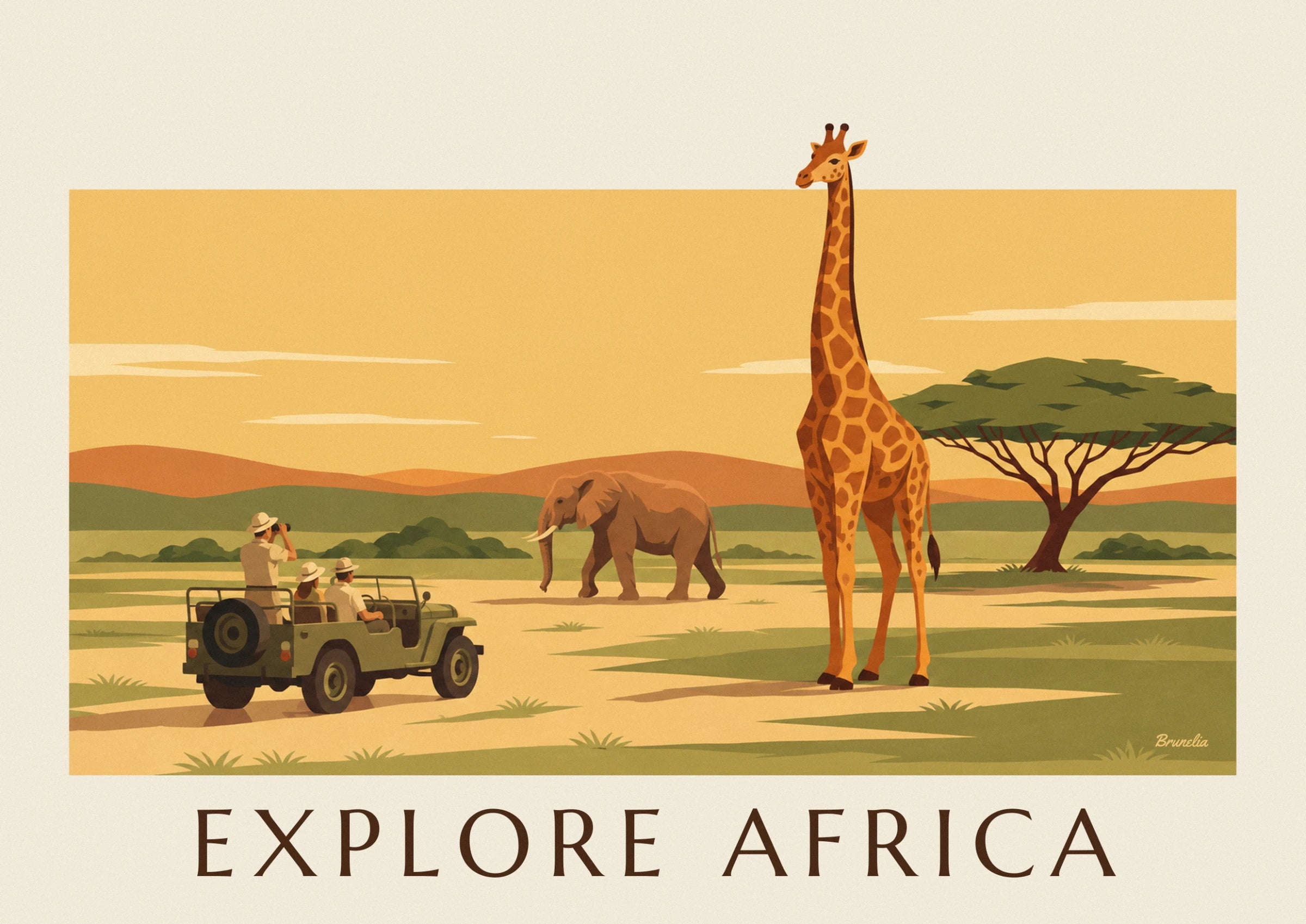 The giraffe with orange patches standing tall in front of the acacia, with 1 elephant further back