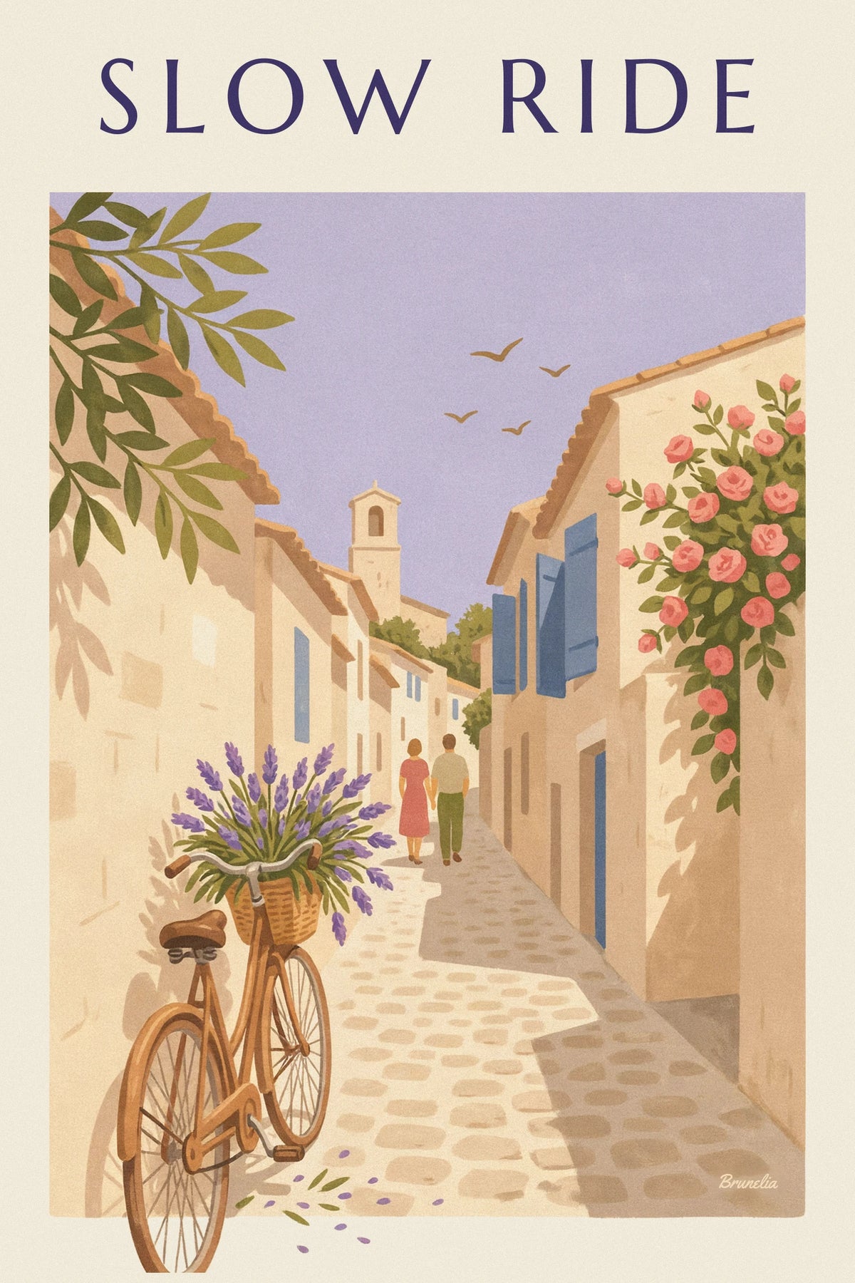 Bicycle with lavender basket in a Provençal village lane poster