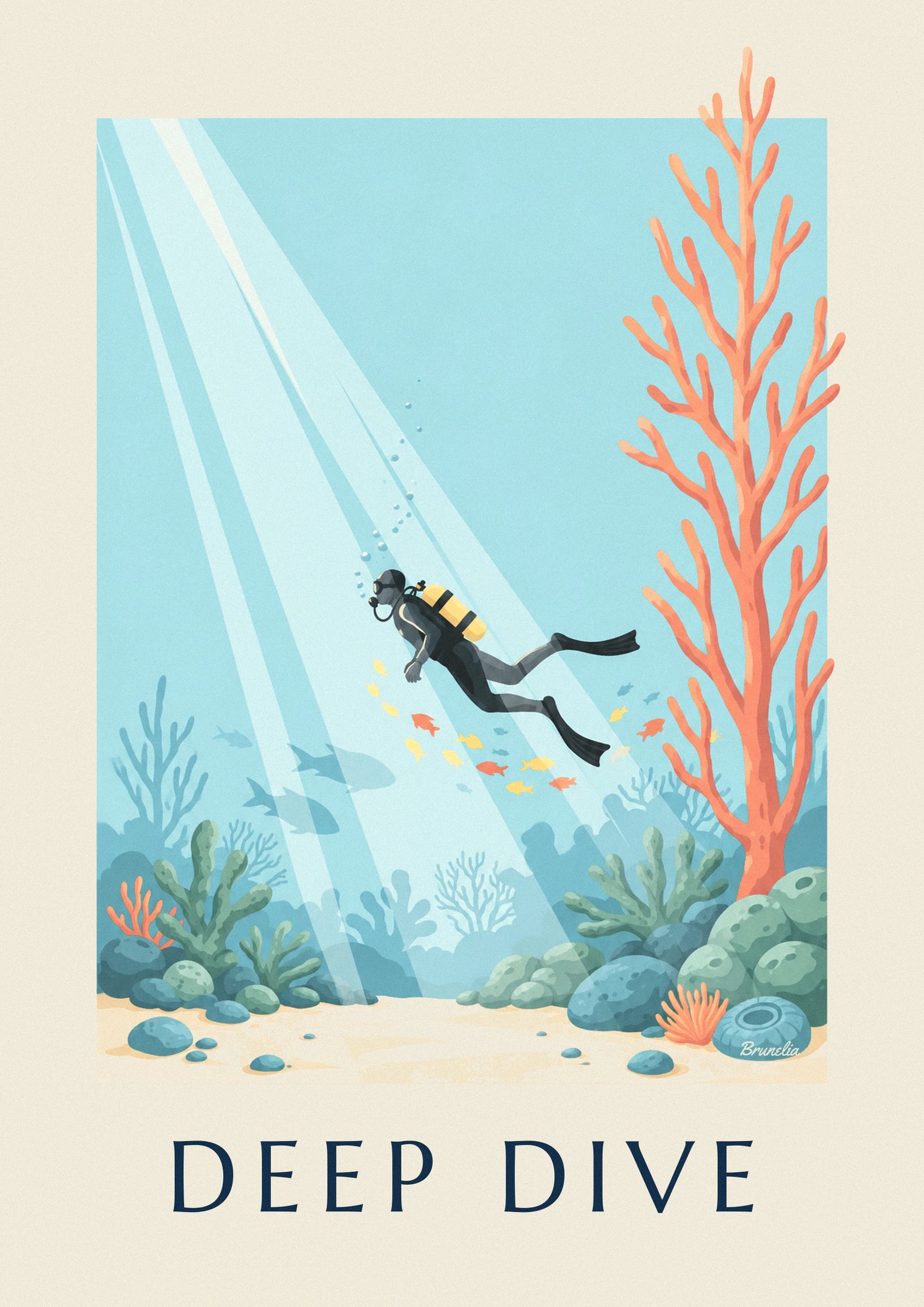 Scuba diver among corals and fish poster: close-up detail