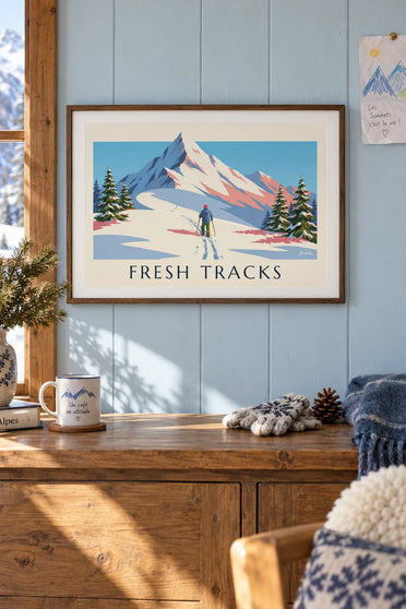 Snowshoeing poster on a snowy trail in the Alps: framed on the wall