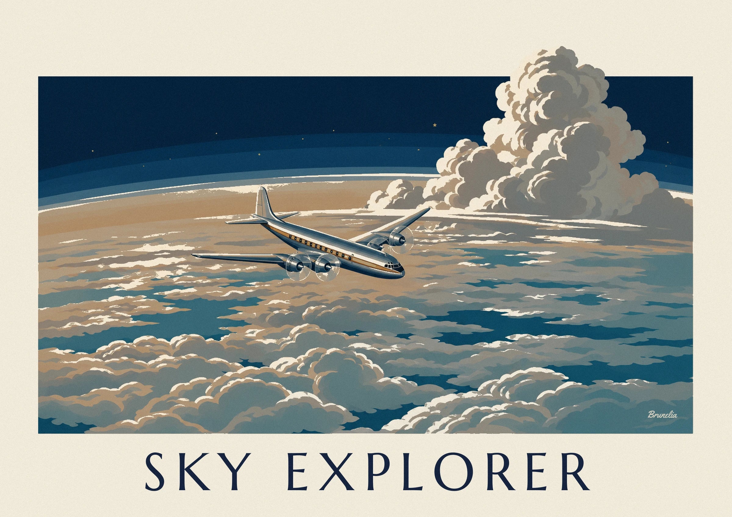 Affiche avion de ligne au-dessus d'une mer de nuages : détail en gros plan