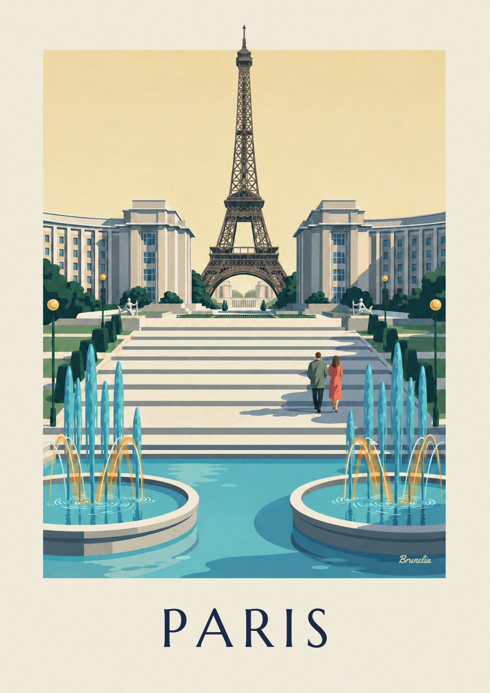 The tour Eiffel between the 2 wings of the palais de Chaillot, beneath a cream sky