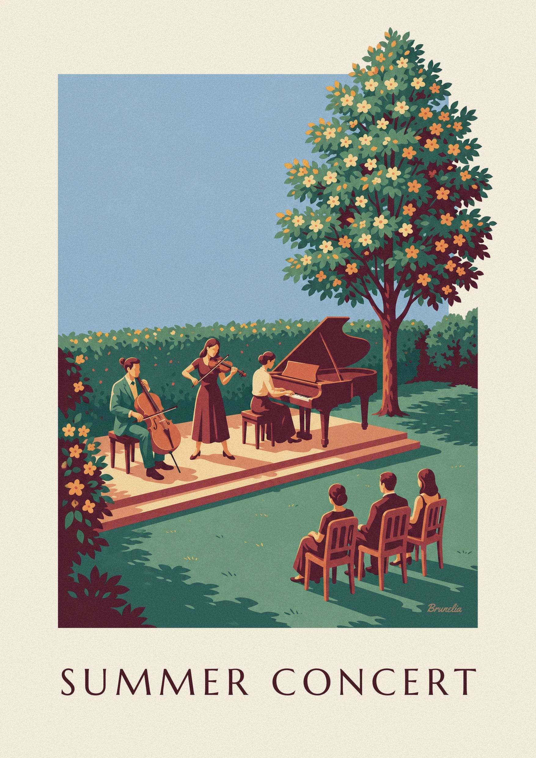 Póster de trío de música clásica en un concierto de verano al aire libre: detalle en primer plano