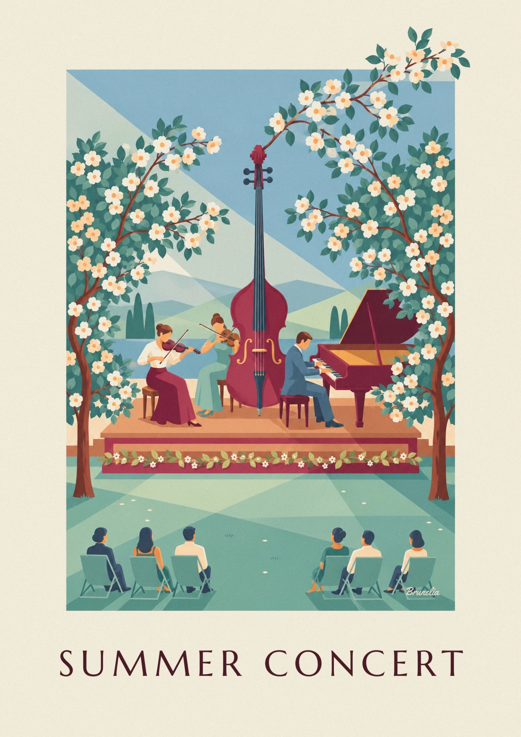 Outdoor summer classical music trio concert poster: close-up detail