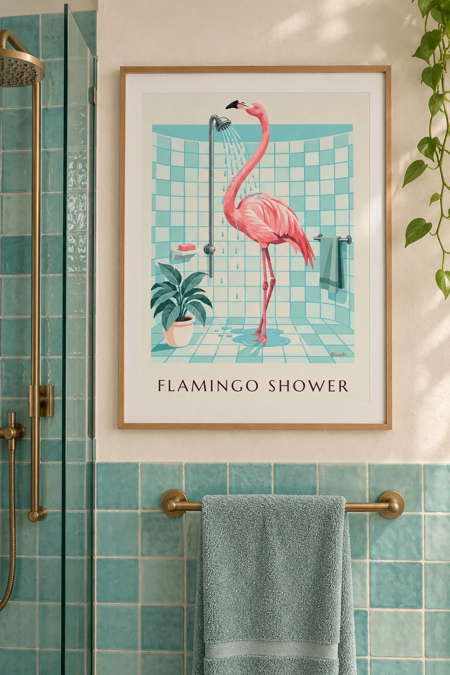 Póster flamenco rosa bajo la ducha en un cuarto de baño: enmarcado en la pared