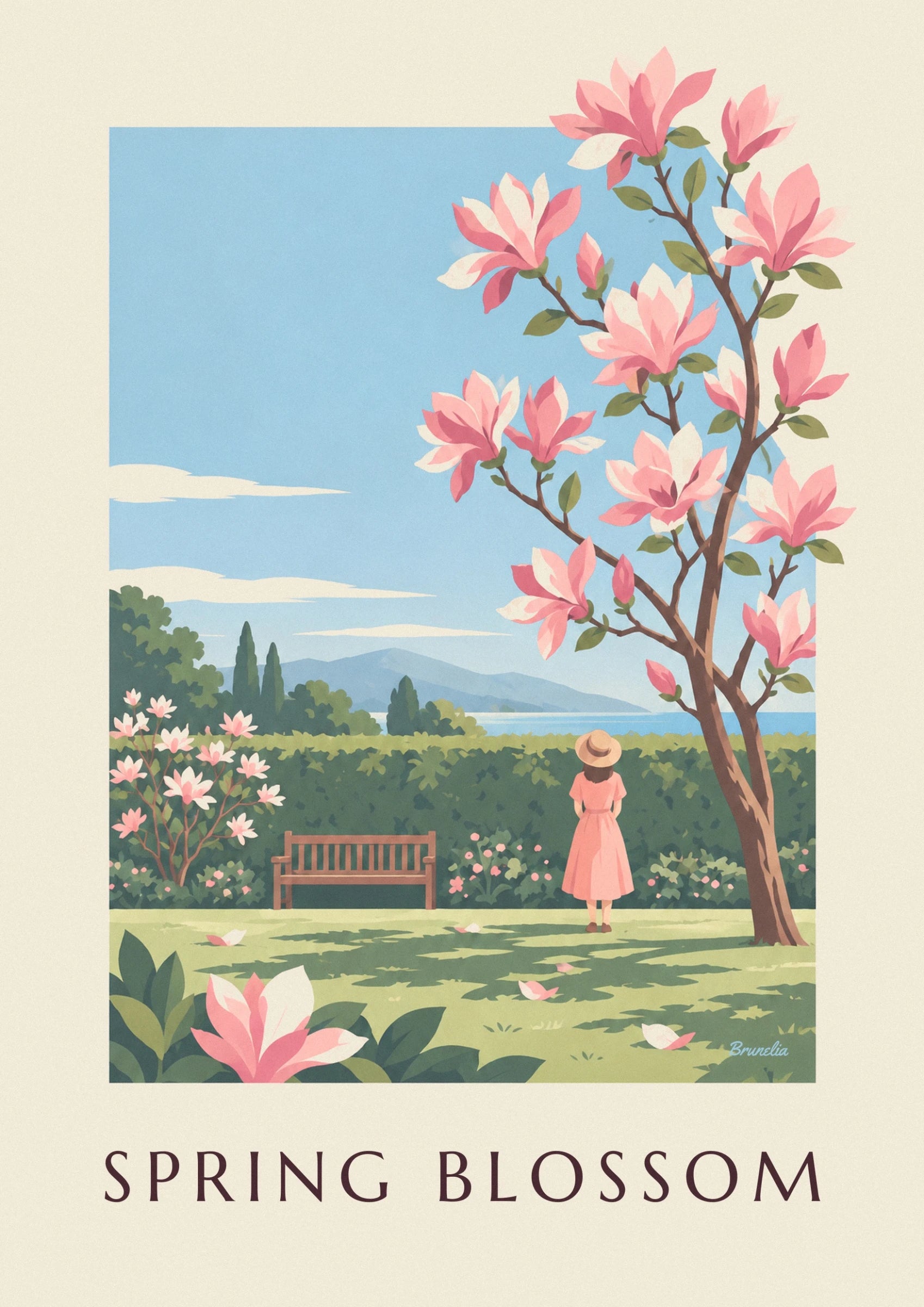 A magnolia branch with pink and cream flowers, dotted with green leaves