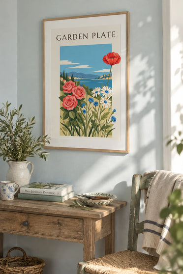 Póster de lámina botánica de flores del jardín: enmarcado en la pared