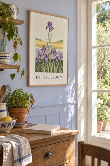 Poster of purple irises in full bloom in a garden: framed on the wall