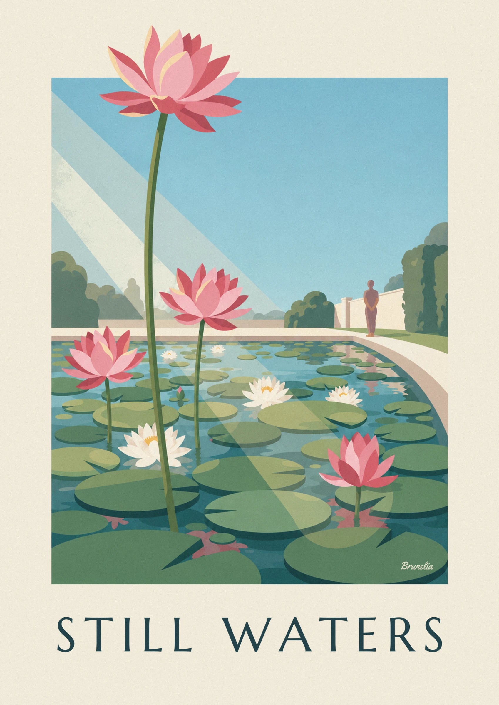 A pink lotus with frilled petals on its tall green stem, in front of the blue water