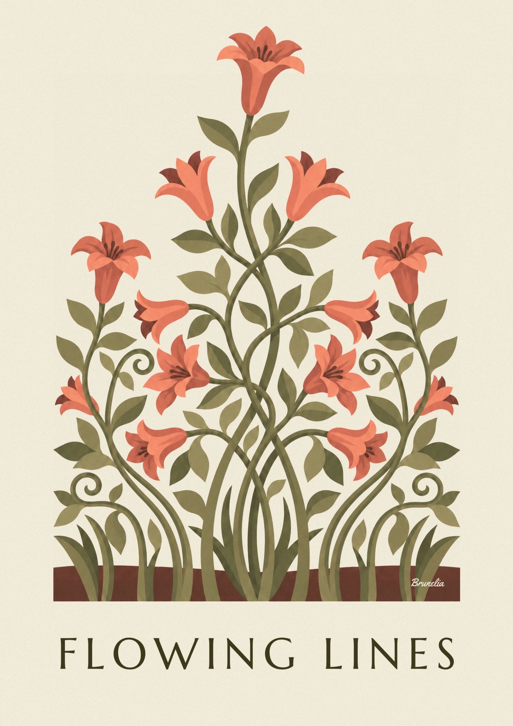 A coral lily standing tall on an olive-green stem with slender leaves
